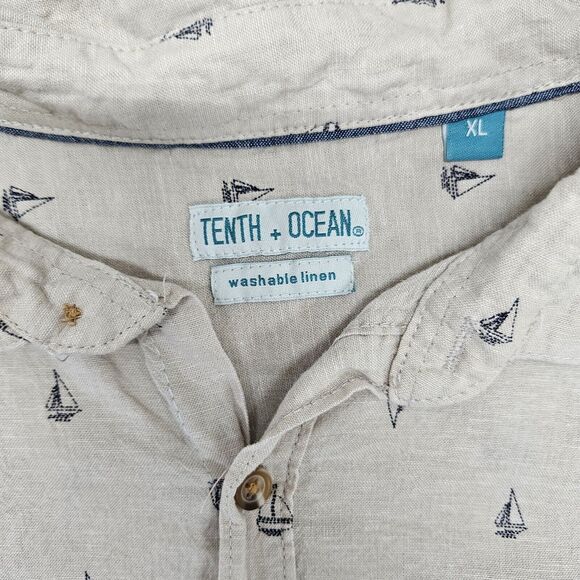 TENTH & OCEAN Mens Tan Linen Sailboat Button Down Shirt Size XL - Picture 3 of 6